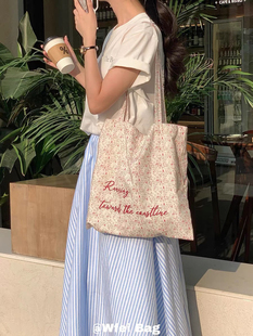 清仓夏日浪漫法式 百搭单肩包 粉色碎花帆布包女托特包学生小众薄款