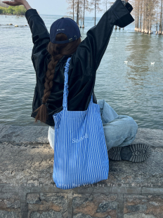 Wfei原创春夏ins风条纹大容量单肩包环保袋法式 复古小清新购物包