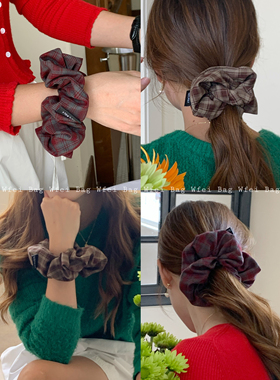 Wfei韩系复古小众大肠圈气质棕色发圈头绳红色蝴布艺格纹发饰品