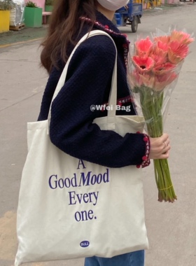 Wfei原创韩风ins白色帆布包韩版包包纯棉文艺bule深蓝色刺绣字母