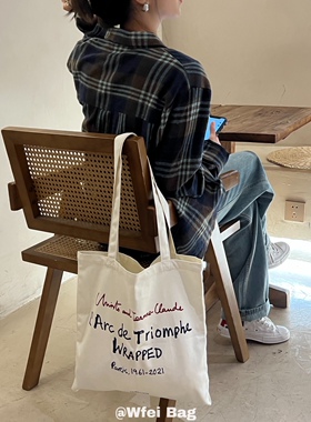 Wfei凯旋门Taschen红蓝字母棉布环保袋ins法式复古帆布包夏天布袋