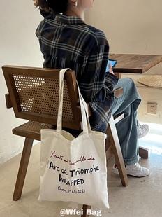 Wfei凯旋门Taschen红蓝字母棉布环保袋ins法式 复古帆布包夏天布袋