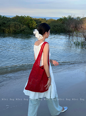 Wfei红色镂空度假风单肩包女大容量托特包慵懒风夏日通勤购物袋