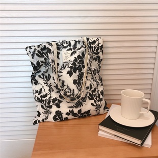 Wfei小众设计复古单肩女布包碎花棉布袋环保文艺黑白简约小香风