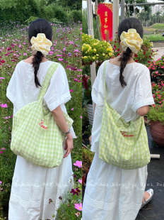 通勤斜挎单肩两用包 Wfei韩系慵懒格子帆布袋小清新大容量百搭薄款