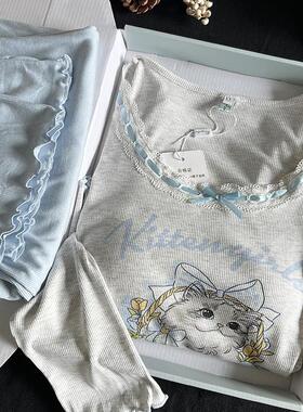 春季新款莫代尔棉睡衣女猫咪印花带胸垫长袖家居服套装送朋友礼盒