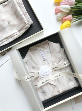 冰丝绸睡衣女夏款长袖长裤薄款蕾丝高级感家居服送朋友生日礼盒