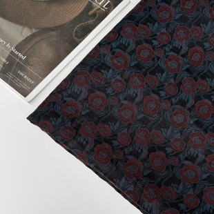 垂感新中式复古藏青色花朵提花弹力涤棉设计师汉服旗袍连衣裙布料