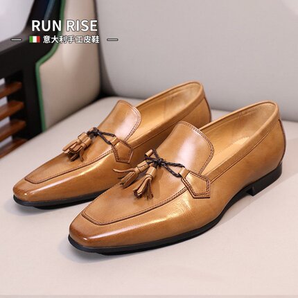 RUN RISE意大利小方头皮鞋男真皮商务休闲流苏乐福鞋英伦豆豆鞋夏