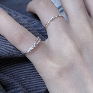 波浪 小众简约ins设计感通体纯银戒指素圈开口可调节食指戒子叠戴