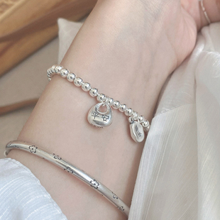 足银999新中式 手链纯银实心小胖福坨平安喜乐银珠子手串叠戴女款