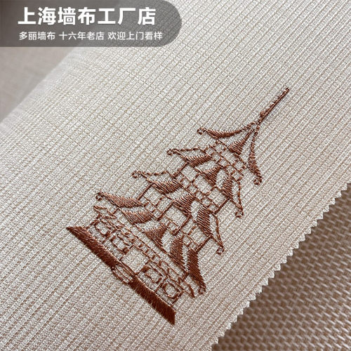 新中式刺绣墙布亭台楼阁精致肌理背景壁布无缝全屋26新款春暖花开