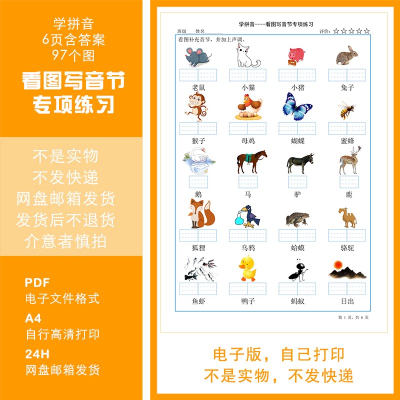 小学语文幼儿园学前1一年级上册汉语拼音看图写拼音音节专项练习