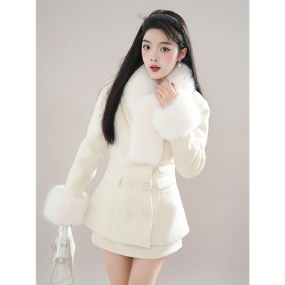 千金风小香毛呢套装收腰显瘦夹棉呢子毛毛外套+高腰显瘦半身裙