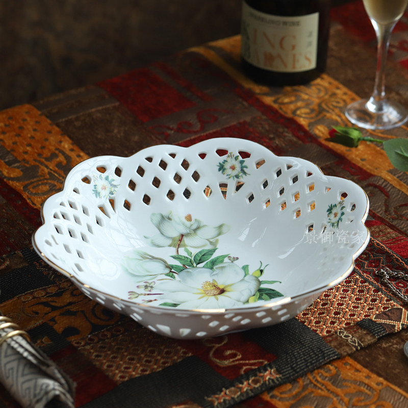 中号陶瓷镂空透气型平底景德镇果盘客厅茶几家用商用大容积可叠放,餐饮具,果盆/果盘/果篮,淘宝优惠券,粉丝福利购,淘宝优惠卷