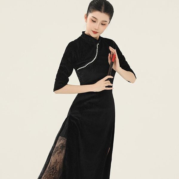 古典舞蹈裙旗袍气质民族风舞蹈黑色丝绒珍珠高开叉蕾丝身韵旗袍裙