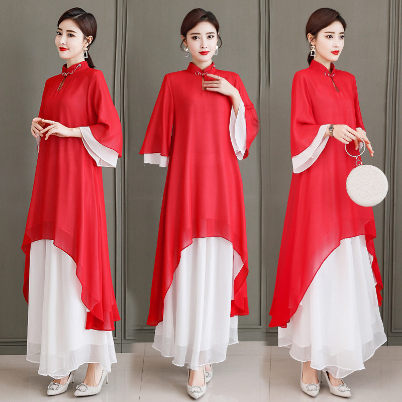 茶服女中国风春秋仙气复古茶艺师古典舞演出服文艺连衣裙舞蹈服装