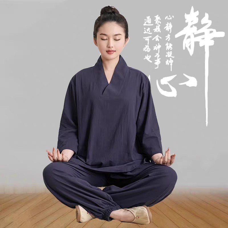 禅修居士服男女套装七分袖竹节棉麻汉服禅意瑜伽打坐服两件套