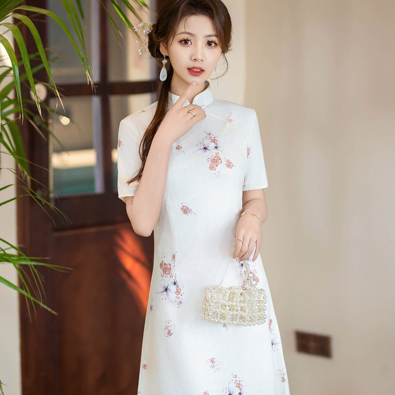 2026夏季新款短袖印花针织中长款旗袍显瘦小清新中国风A版旗袍裙