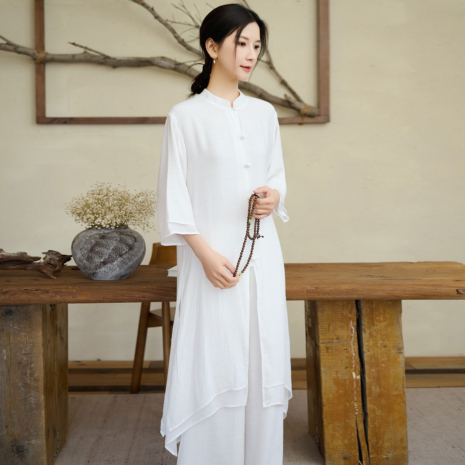 新款2026民族风新款棉麻禅服套装立领中袖中长裙松紧腰长裤套白色