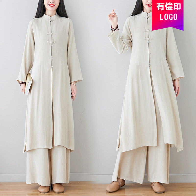 春秋长袖棉麻茶服禅意居士服佛系打坐禅修服汉服中国风中式套装女