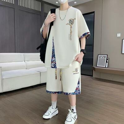 新中式国风短袖t恤男夏季七分袖休闲运动套装男生穿搭配短裤一套