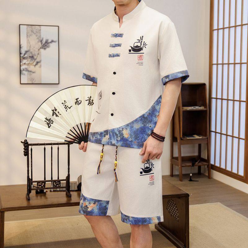 中式中国新款休闲衬衫国风套装男士夏季短袖两件套短裤唐装一整套,男装,休闲运动套装,淘宝优惠券,粉丝福利购,淘宝优惠卷
