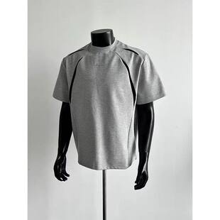 美式复古灰色解构拼接t恤男夏季小众美式短袖cleanfit高级感短袖