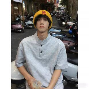 浅灰色亨利领短袖男款夏季cleanfit穿搭正肩t恤拼接boxy重磅半袖
