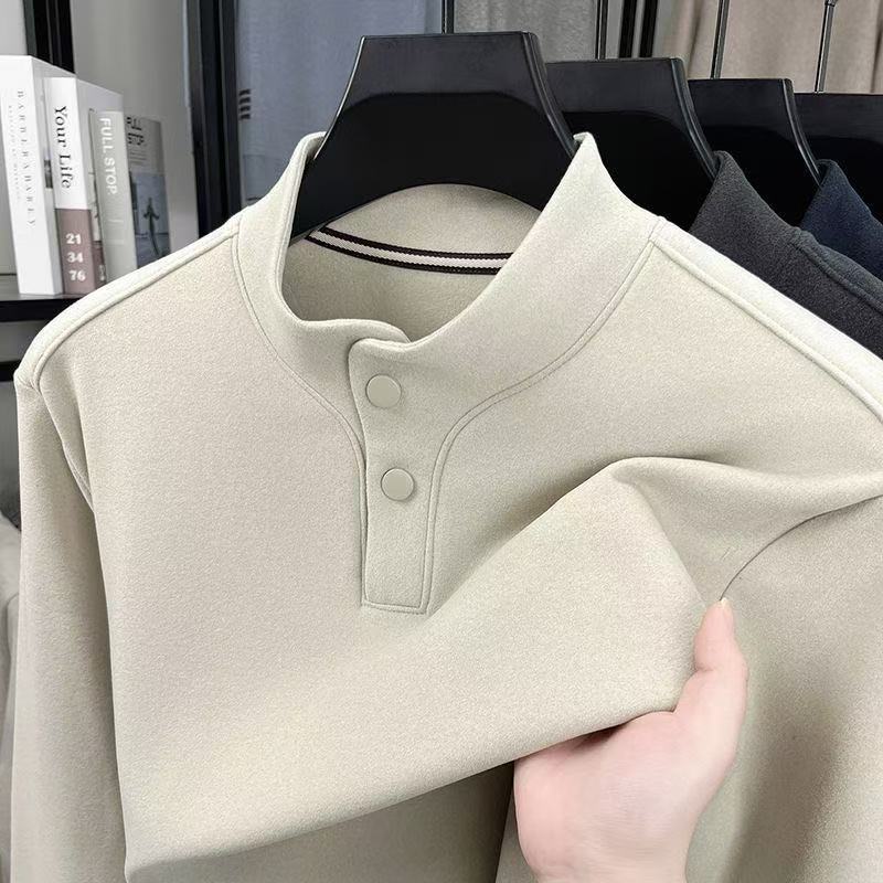 加厚双面真德绒按扣款冬季保暖打底长袖T恤立领纯色男士上衣内搭