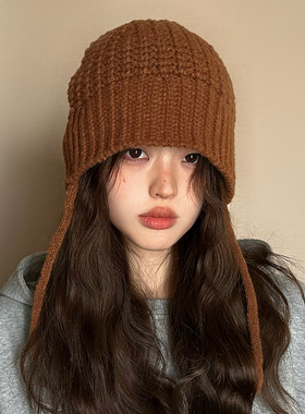 美拉德氛围感毛线帽秋冬保暖针织护耳大头围显脸小棕色渔夫帽