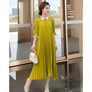 高端气质连衣裙夏装 三宅简约百褶裙子收腰中长裙绿色气质裙 女新款