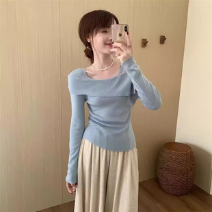 百搭修身显瘦针织衫甜美气质一字肩假两件时尚新潮流韩版淑女上衣