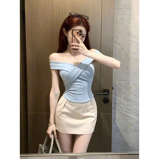 纯欲风性感套装女夏季法式蓝色一字领露肩上衣高腰显瘦短裙两件套