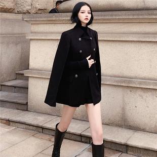 冬装韩版新款网红黑色斗篷大衣百搭宽松立领中长款毛呢外套女