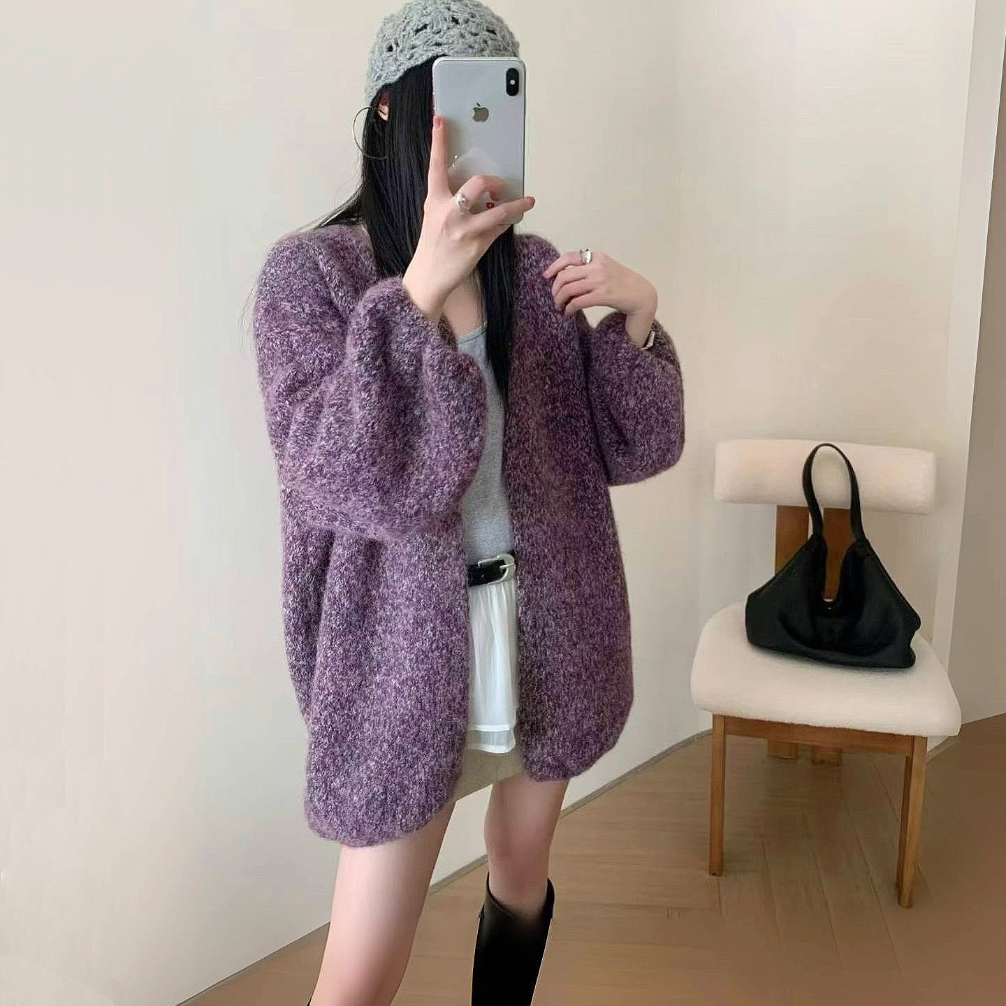 网红爆款花线针织开衫女秋冬2025新款韩系宽松慵懒风厚实毛衣外套