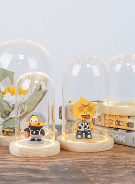 铃兰花永生花圣诞树玻璃罩玫瑰花积木手办盲盒人偶带灯发光防尘罩