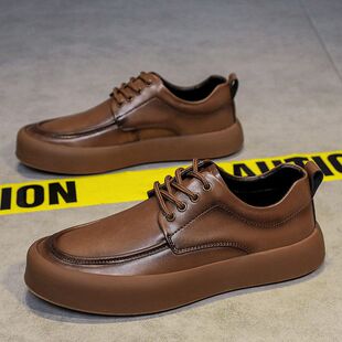 野牛世家休闲男鞋秋季真皮牛皮商务英伦皮鞋男款厚底增高复古板鞋