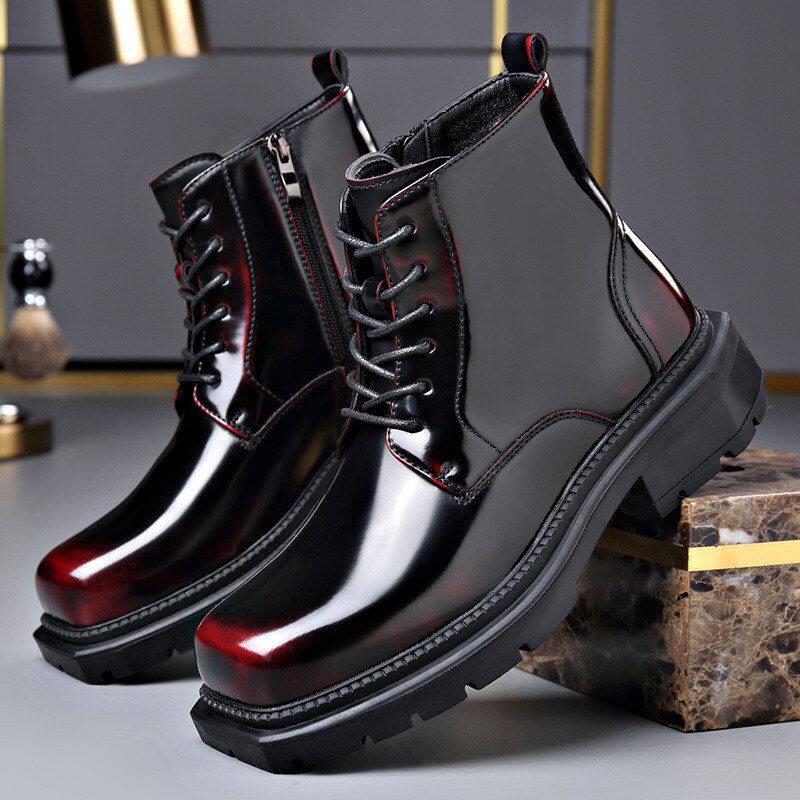 2026秋冬大头真皮拉链靴子羊毛厚底保暖系带时尚色彩靴男靴马丁靴