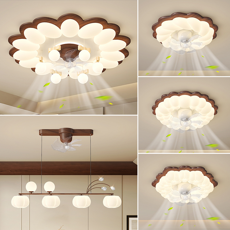 2025新中式简约客厅灯房间灯餐厅卧室灯灯具复古吸顶灯摇头风扇灯