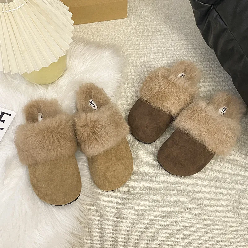 炸街高颜值百搭包头半拖鞋加绒外穿平底穆勒鞋2024新款懒人毛毛鞋