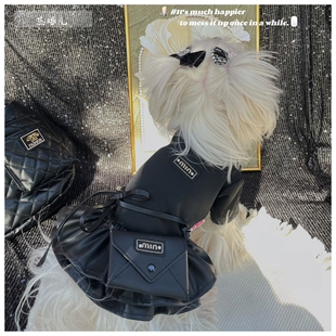 狗狗衣服打底衫打底裙马尔济斯约克夏黑色中领有袖连衣裙超小体