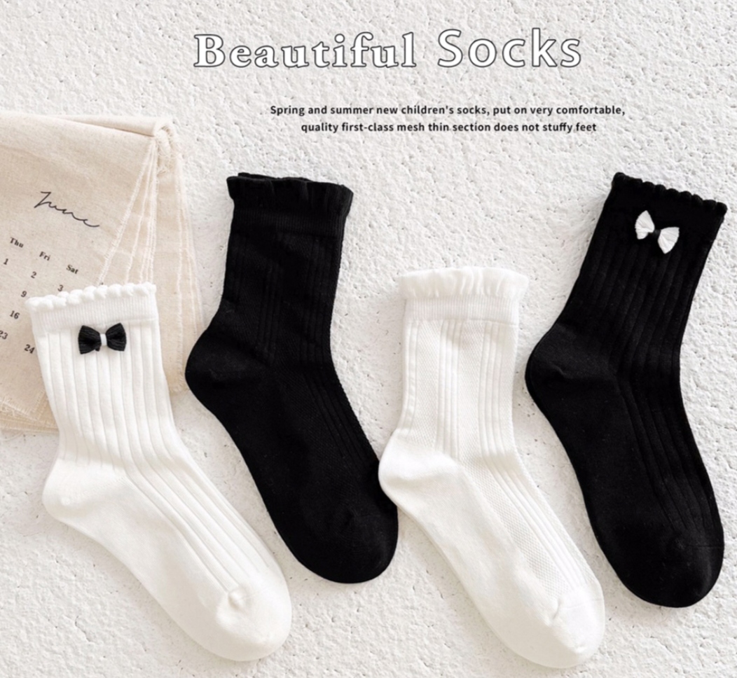春夏新款儿童袜子男女童薄棉袜蝴蝶结公主花边短袜学生透气中筒袜
