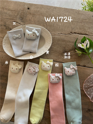 WA1724春夏女童堆堆袜薄款透气棉袜韩版卡通kitty儿童中筒小腿袜