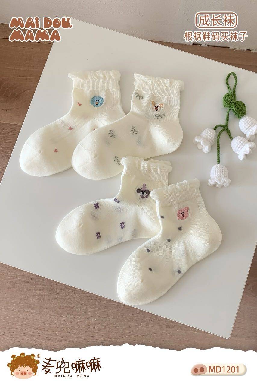 麦兜嘛嘛儿童袜子春夏手工对目花边女童中筒袜棉袜成长袜MD120