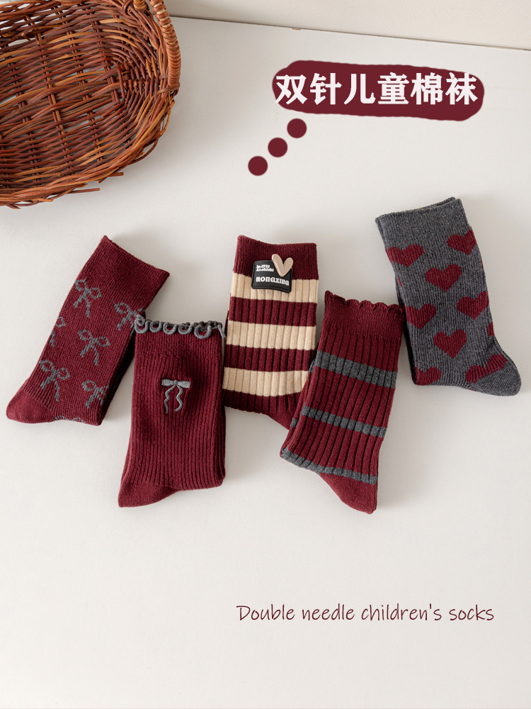 Y027儿童袜子秋冬新款潮流安可拉红女童中筒袜刺绣木耳边袜子