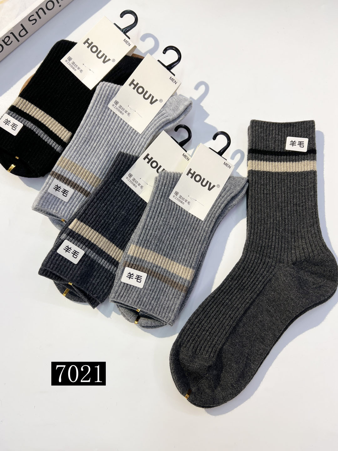 5双HOUV男士羊毛袜冬季纯色混纺羊绒袜纯色条纹保暖中筒袜子