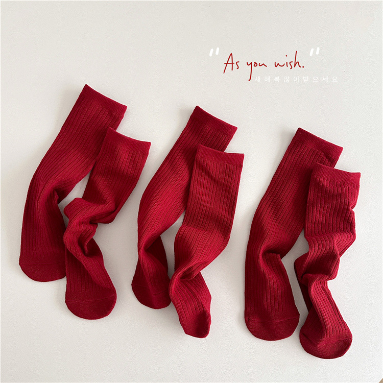 L2541秋冬新款儿童袜子2025纯色光板大红色中筒袜新年袜潮袜
