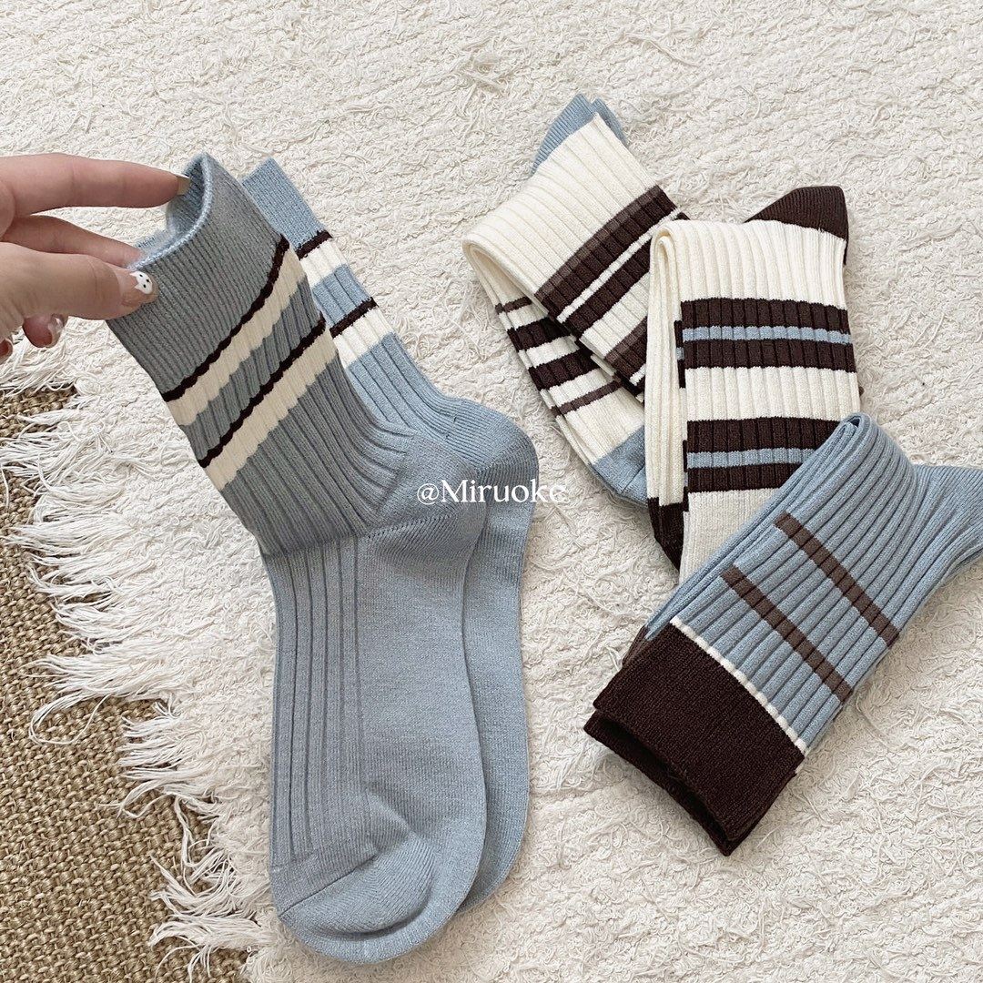 秋冬米若克拉绒袜少女袜成人女士袜学院风条纹保暖潮袜中筒袜