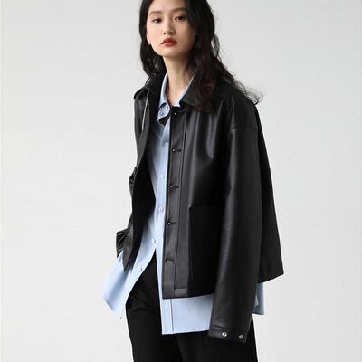 宽松复古短款皮衣外套女